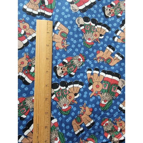 Christmas Fabric 2 Yard 16 Inch Vtg Snowman Santa Reindeer Dk Blue Cotton - Picture 3 of 3